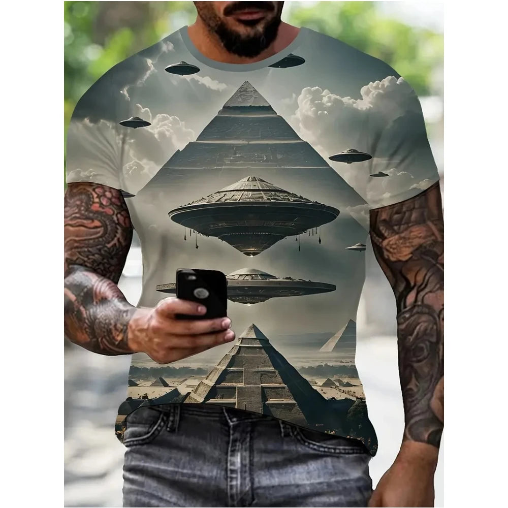 Ufo Spaceship Men's T-Shirt Fashion Printed Men's Short Sleeve Simple Casual Tops Outdoor Breathable Quick Drying Men's Clothing