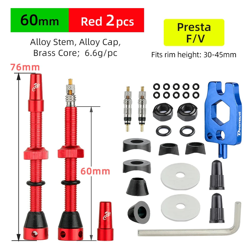 Deemount Bicycle Tubeless Carbon Rim Presta Valves 44/60/80mm F/V Brass Core CNC Machined Anodized W/Tool