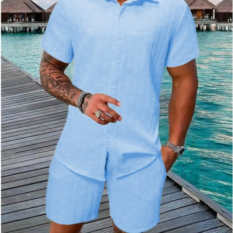 Summer Solid color Cotton linen Men's Shirt Set Fashion lapel Jacquard Short-sleeved Shirt Shorts 2 Piece Set Men's Shorts Suit