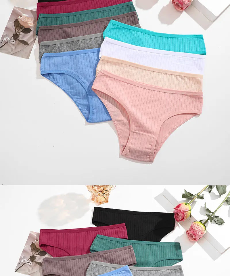 4PCS/SET Women's Cotton Panties Sexy Soft Striped Underpants Solid Color Briefs Female Comfortable Stretch Lingerie M-XL