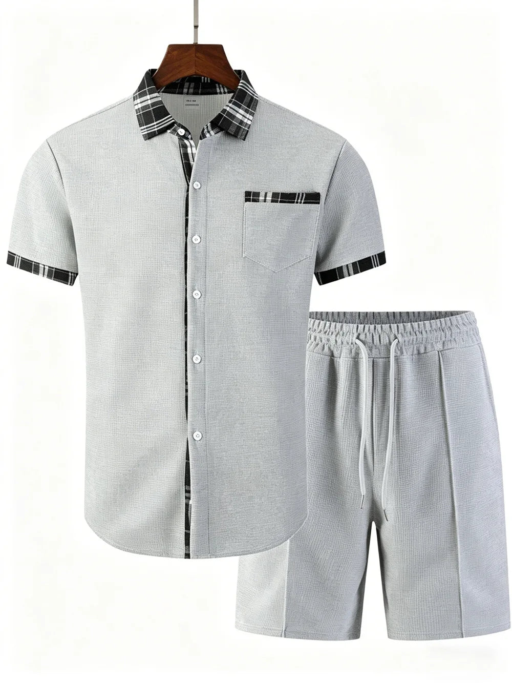 Summer New Waffle Set, Men's Plaid Spliced Short-Sleeve Shirt & Shorts, Casual Two-Piece Outfit F156D