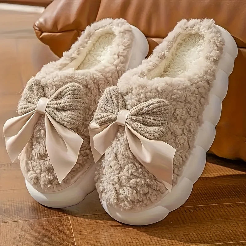 Women'S Bow Designed Fleece-Lined Slippers Soft Sole, Quiet Wear, All-Season Comfort, Ideal for Home Use, Perfect Christmas Gift