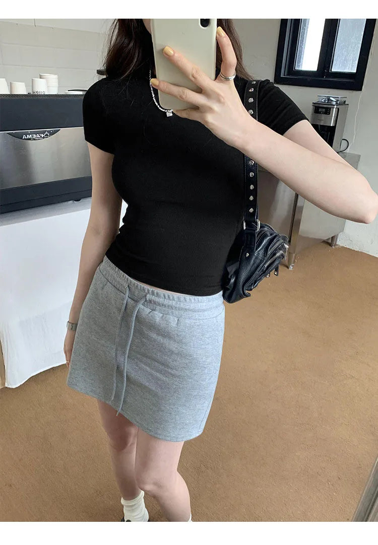 American style spicy girl shoulder T-shirt for women in summer 2025, tight fitting and slimming short top, basic elastic short s