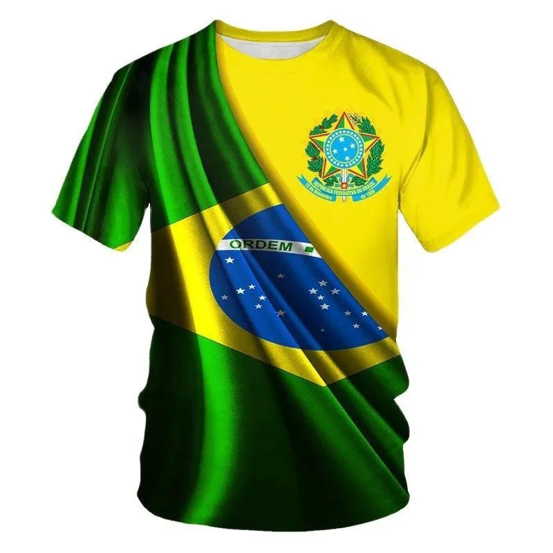 3D Printed Brazil Flag T Shirt Men Brazilian Football Pattern T-Shirts Summer Street Sports Round Neck Tops Short Sleeve Tees