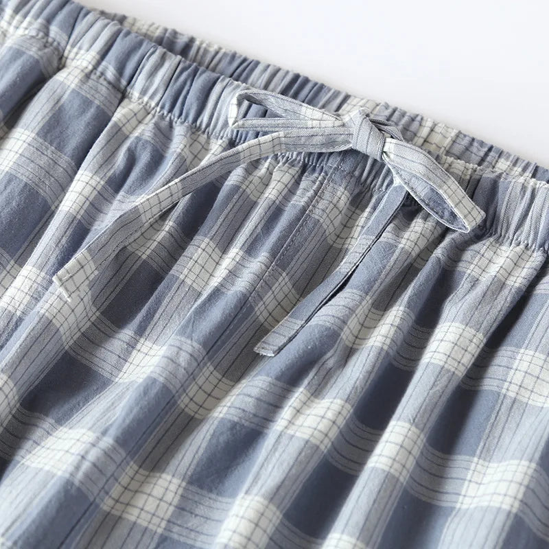 New 2026 Men's Sleepwear Pajama Shorts Plaid Design 100% Cotton Casual Loose Double-layer Homewear Sleep Bottoms Male Home Pants