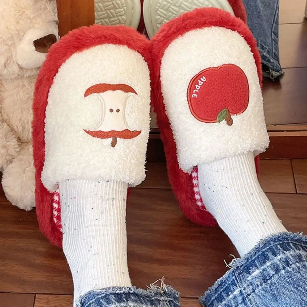 Fashion Grid Stripe Cute Plush Slippers Non-Slip Thick Sole Winter Slides Women Silent Casual Home Wear Shoes Women