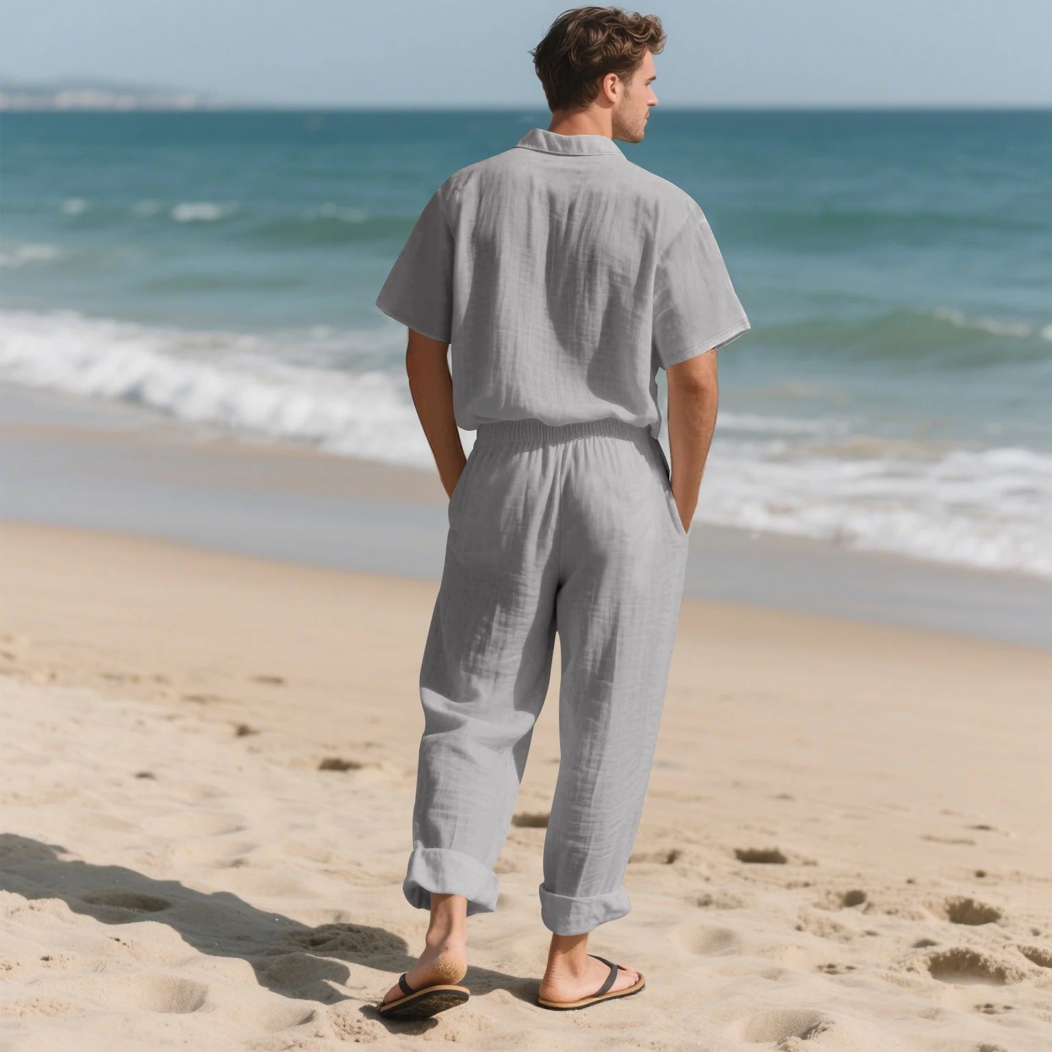 2025 New Arrival Men's Casual Tracksuit Linen Shirt and Pants Set Breathable Summer Outfits for Beach and Daily Wear