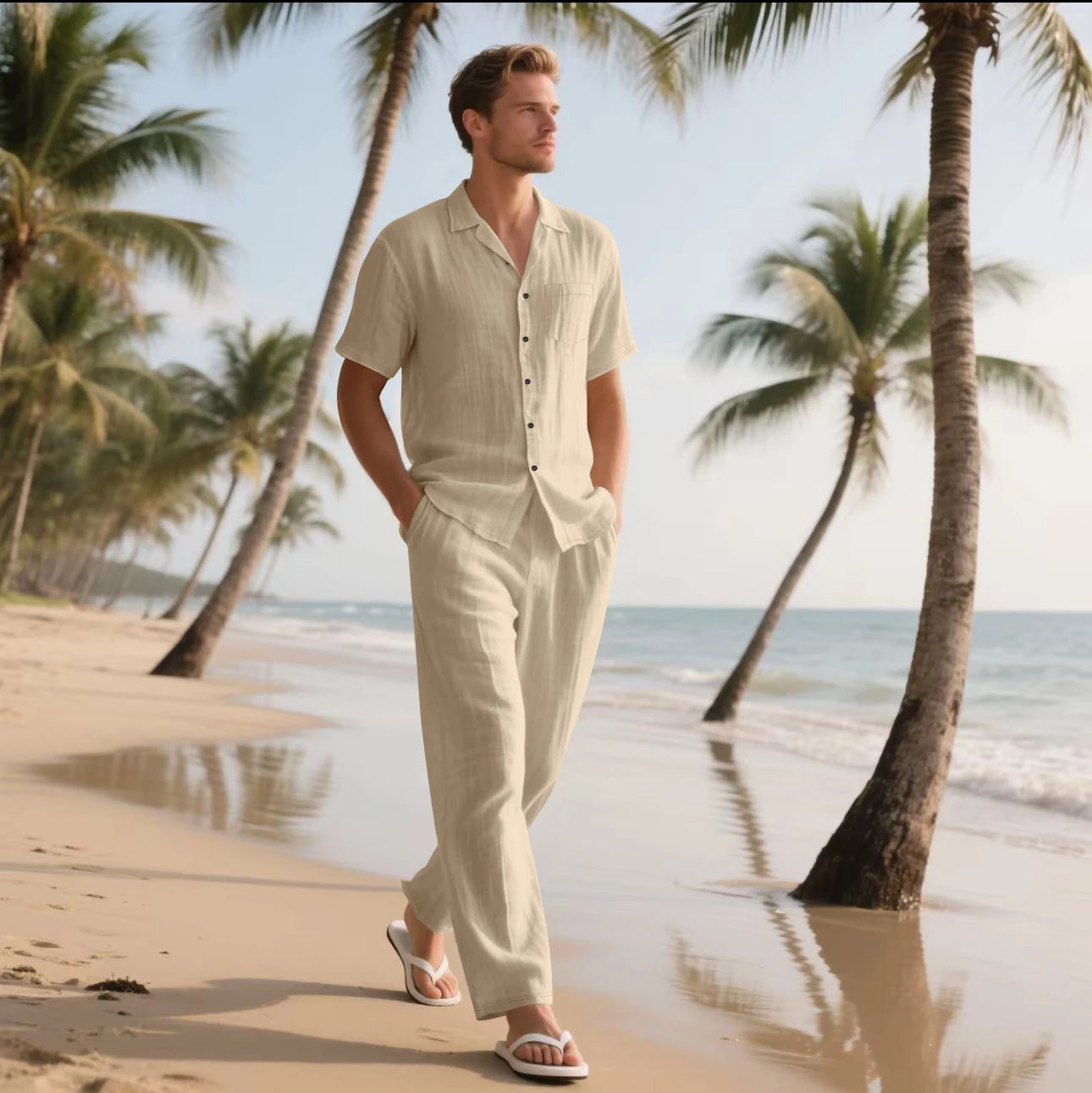 2025 New Arrival Men's Casual Tracksuit Linen Shirt and Pants Set Breathable Summer Outfits for Beach and Daily Wear