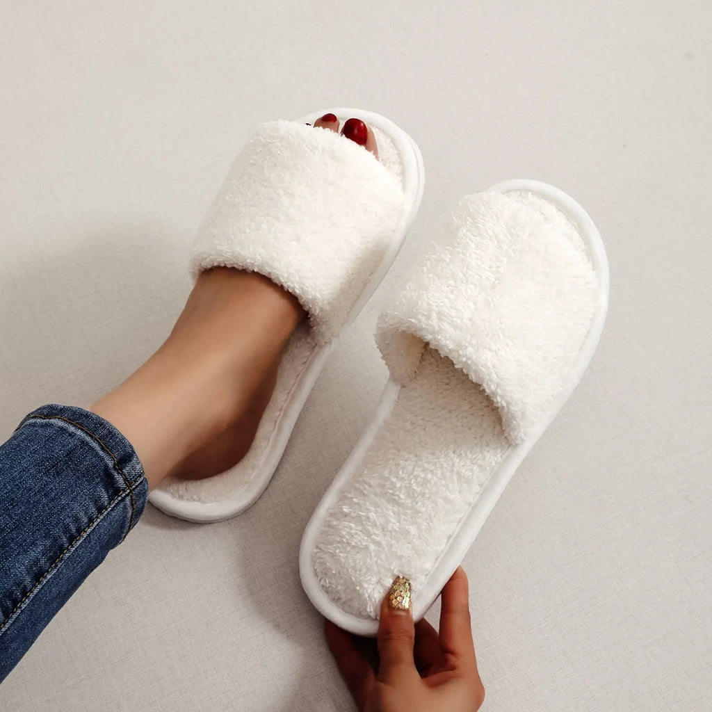 Four Seasons New Women's Home Slippers Opening White Fur Slides Warm Plush Sandals Female Comfortable Lightweight Flat Shoes