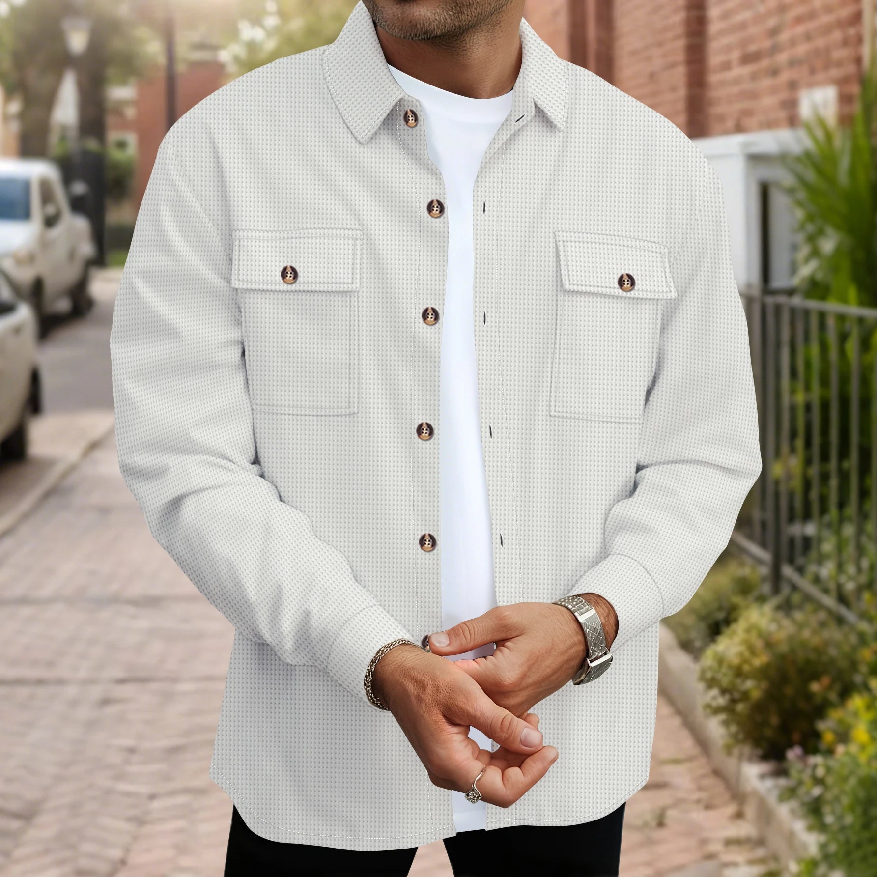 Men's Waffle Knit Button Down Shirt - Casual Long Sleeve Turn Down Collar Chest Pocket Work Shirt