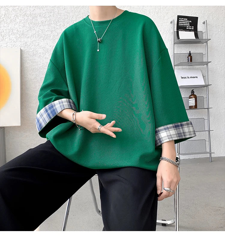 men t shirts Summer Men's T-shirts Women Oversized 2XL Korean Style Loose Plaid T-shirt Casual Seven sleeves T-Shirt Male White