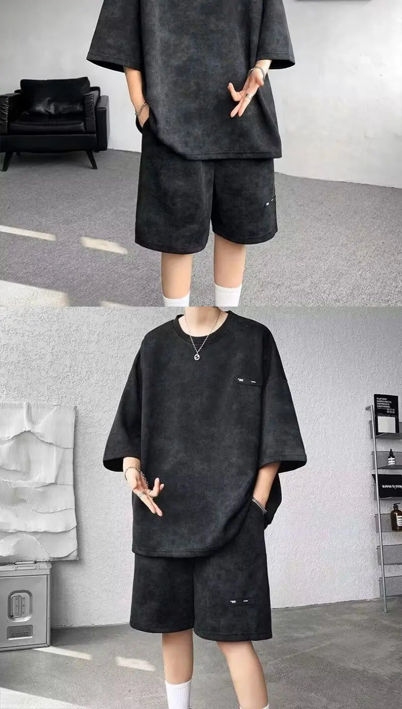 Asian Size M-8XlTie Dye Ice Silk Two-piece Set Men Polyester Short Sleeve Shorts Suit Slim Fit High Quality Basic Outfits Summe