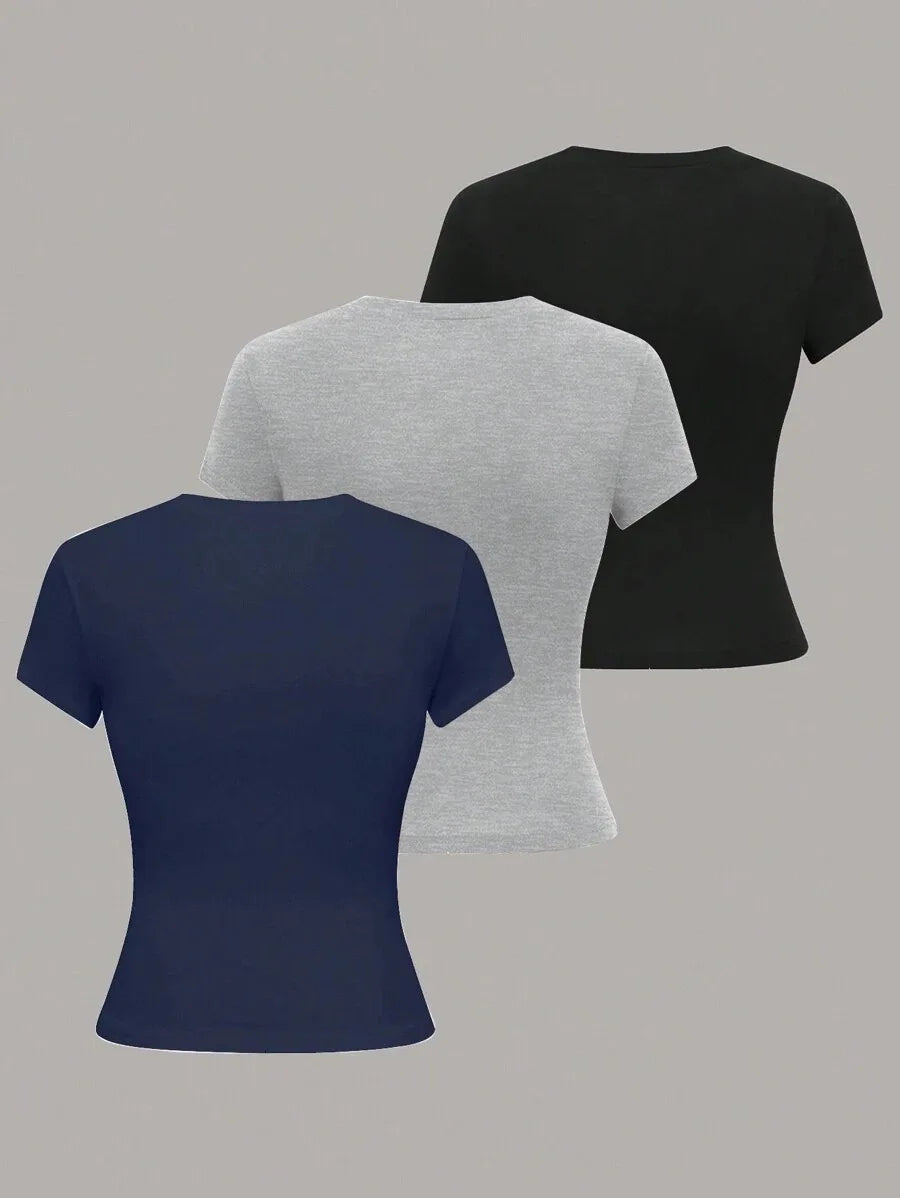 3pcs Sale Women's T-shirts Summer Round Collar Short Sleeve Slim Solid Color Tee Tops YDFS-53001