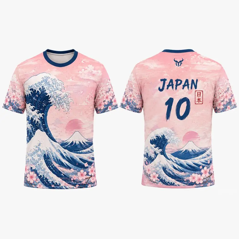 New Japanese Ukiyo-e Themed Print Soccer T-shirt Ocean Wave Pattern Fashion Casual Streetwear Sports Training Breathable Jersey