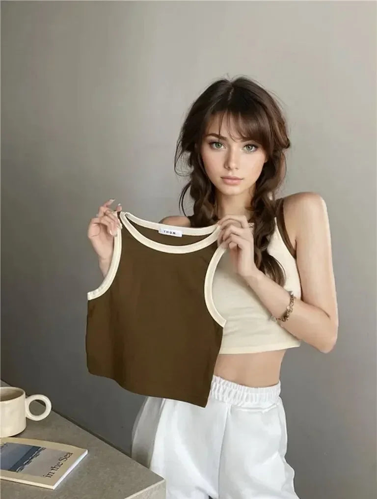 Spring Summer Color Block Sleeveless Vest Outerwear Pure Color Strap Innerwear Sports Top Base Shirt Beautiful Wrap Chest Women