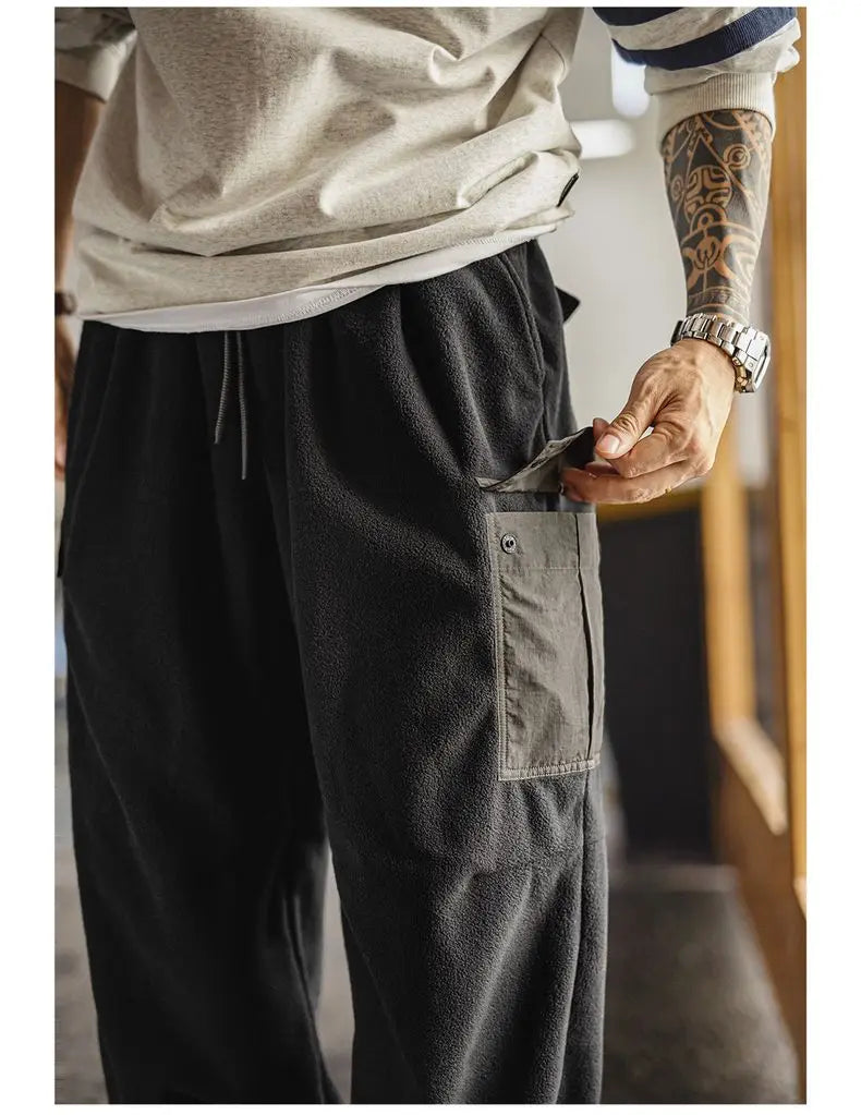 Maden Vintage Men's Brushed Fleece Sweatpants Black Cuffed Thermal Casual Pants Elastic Waist Multi-Pocket Trousers for Winter