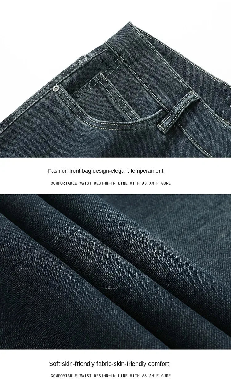 Autumn Winter  Brand New High Waist Jeans Classic Business Casual Office Men's Fashion Stretch Slim Denim Jeans Navy Blue