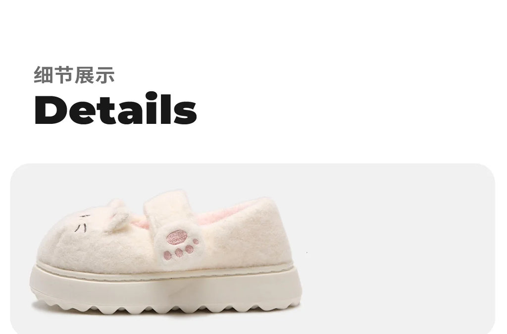 New fuzzy black cat shoes hook loop winter slippers for women indoor mary jane plush shoes mom shallow warm kitty slippers woman