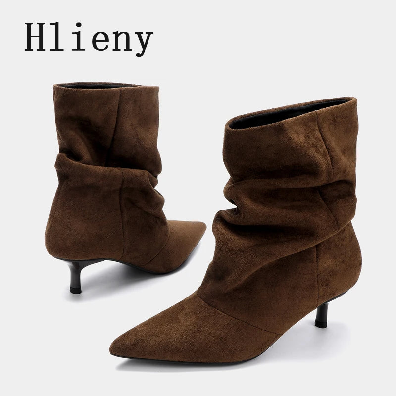 Liyke Winter Pleated Suede Women Shoes Pointed Toe Low Thin Heels Female Brown Retro Elegant Designer Ankle Boots Bottes Femme