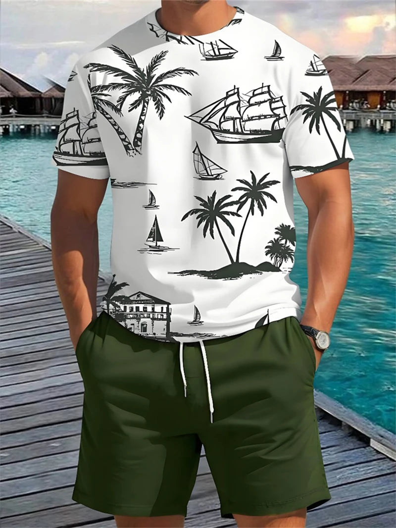 2025 Summer New Men's Short Sleeve Palm Tree Print T Shirt Fashion Men's Vacation Beach Casual Shirts Graphic Tee Summer Tops