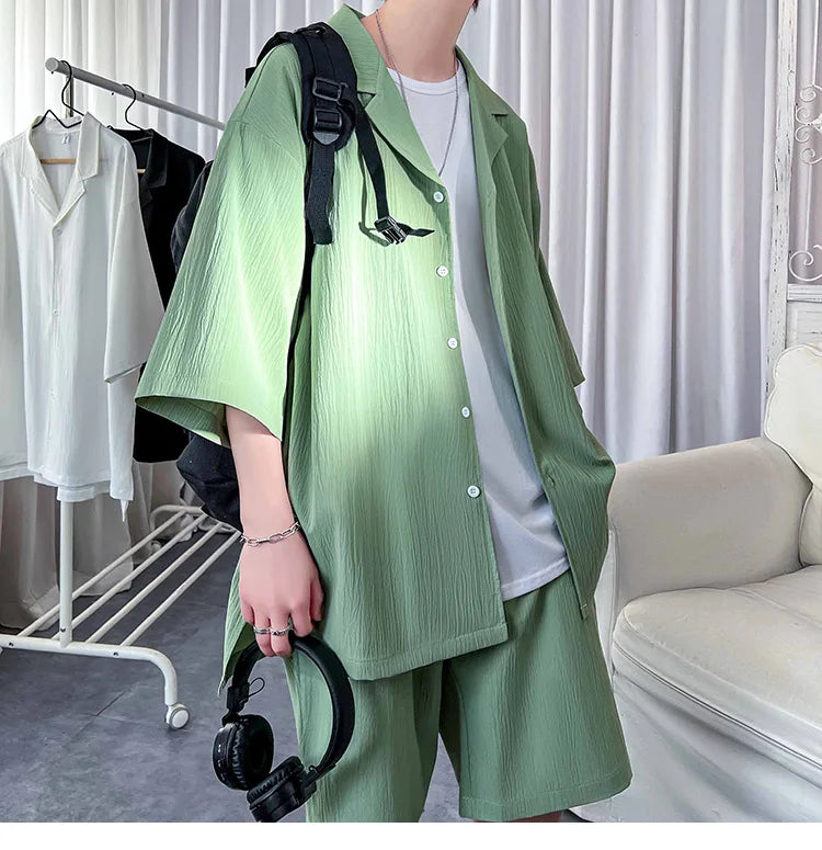 Korean Style Men's Set Shirt+Shorts Solid Short Sleeve Top Matching Bottoms Summer Fashion Oversized Clothing Men