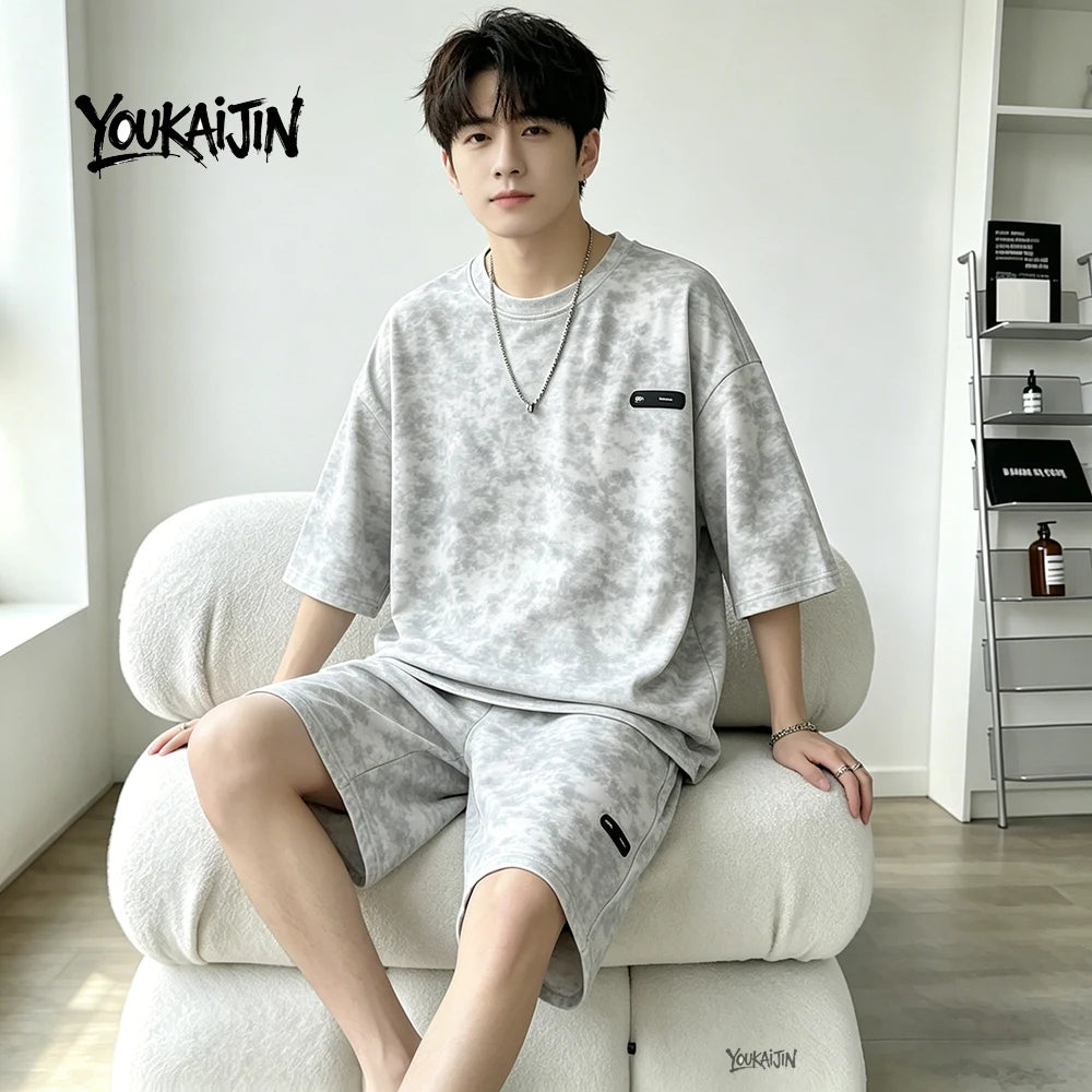 7XL 8XL Tie Dye T Shirt and Shorts Set Men White Casual Streetwear Co Ord Set Men Summer Loose Sportswear 2 Piece Outfit Men