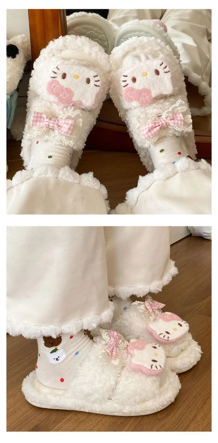 Sanrio Hello Kitty Adult Cotton Slippers Y2K Kawaii Cartoon Winter Indoor Open Toe Anti-Slip Slipper Comfortable Warm Shoes New