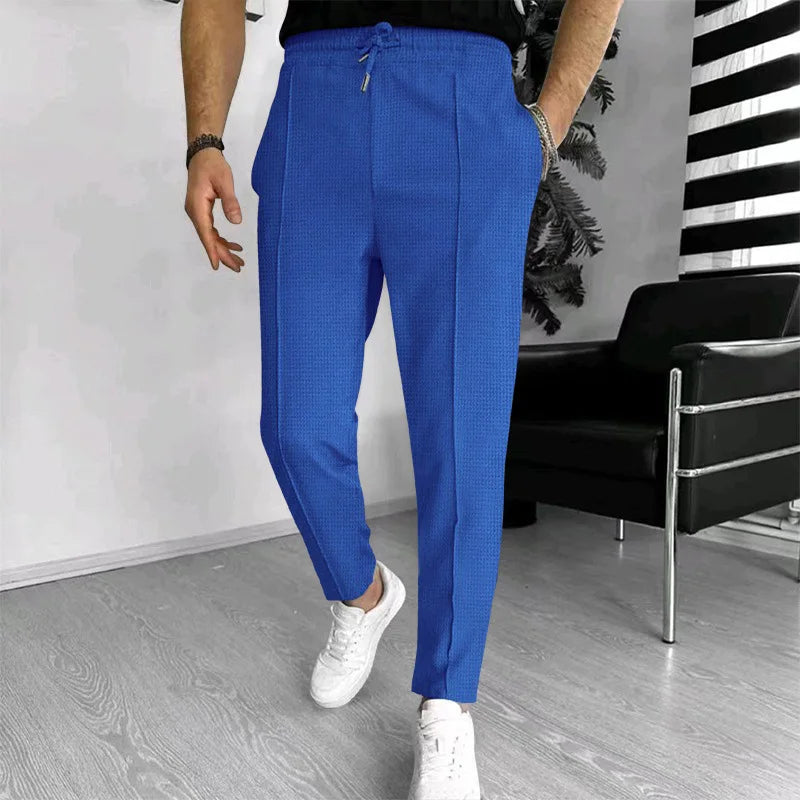 Men Waffle Knit Slim Fit Pants Drawstring Trousers With Pockets Stylish Design Spring Autumn Outdoor Travel Daily Street Wear