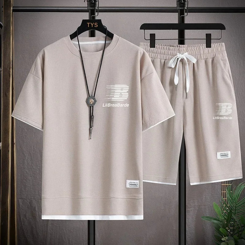 2026 Men's Sports Fashion Casual T-shirt and Shorts Set, the Latest Summer Waffle Set Featuring Simplicity and Comfort