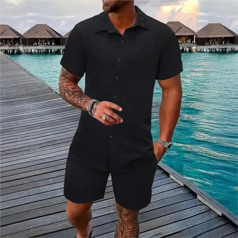 Summer Solid color Cotton linen Men's Shirt Set Fashion lapel Jacquard Short-sleeved Shirt Shorts 2 Piece Set Men's Shorts Suit