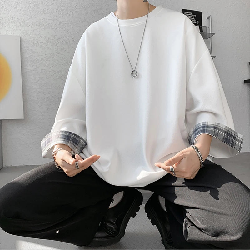men t shirts Summer Men's T-shirts Women Oversized 2XL Korean Style Loose Plaid T-shirt Casual Seven sleeves T-Shirt Male White