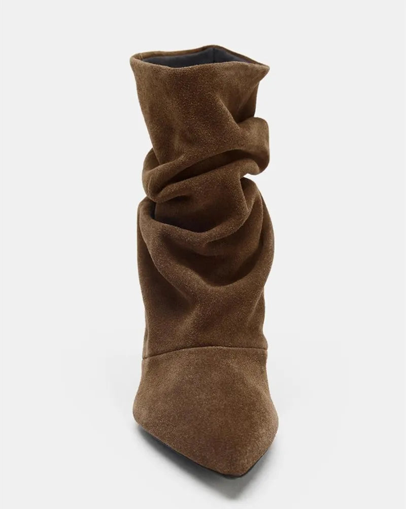 Aneikeh Winter Wrinkle Pointed Toe Ankle Boots Women Pleated Short Boots Female Retro Elegant Designer Femmes Botas De Mujer