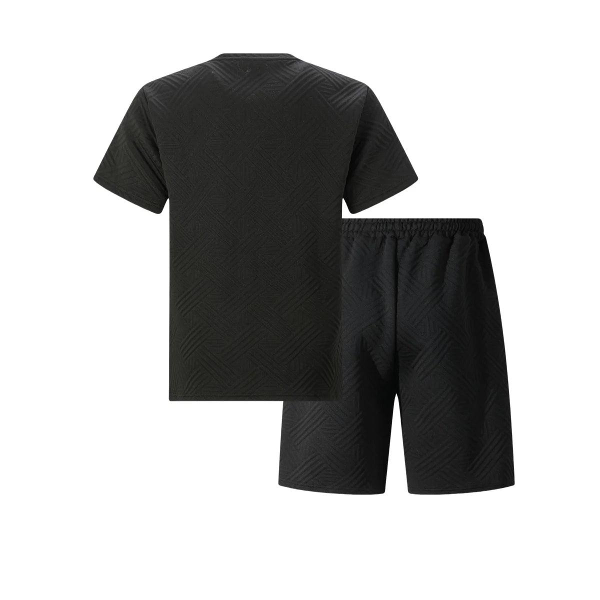 2026 Men's Summer Beige Geometric Textured 2 Piece Set Crew Neck Short Sleeve T-Shirt & Drawstring Shorts Tracksuit