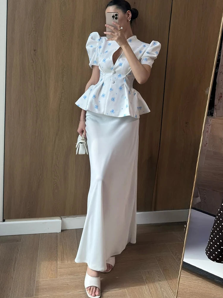 Waist Cinching Floral Suit Jacket Lady V-Neck Short Bubble Sleeve Shoulder Pad Jackets Fashion Daily 2026 Summer New Woman Coat