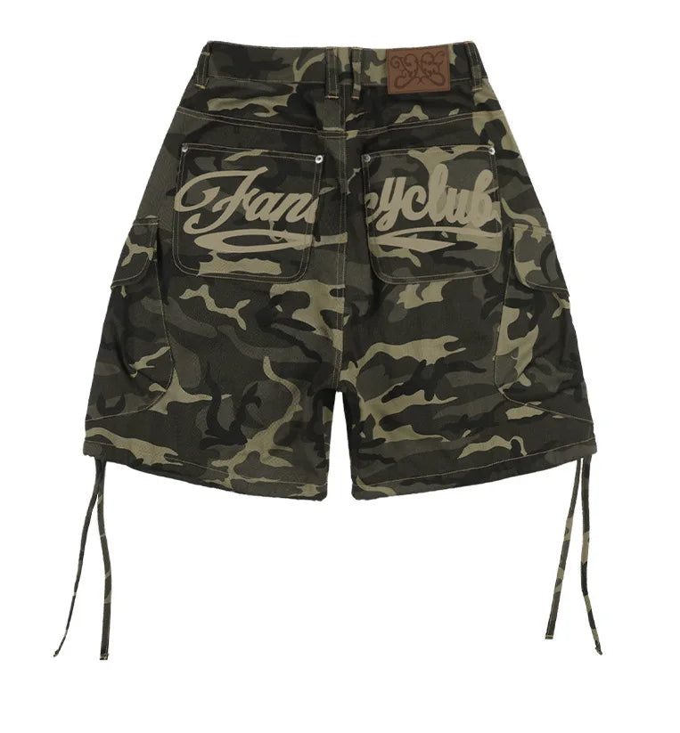 Women's Techwear Camo Cargo Shorts Streetwear High Waist Loose Multi-Pocket Zipper Drawstring Casual Harajuku Summer Bottoms