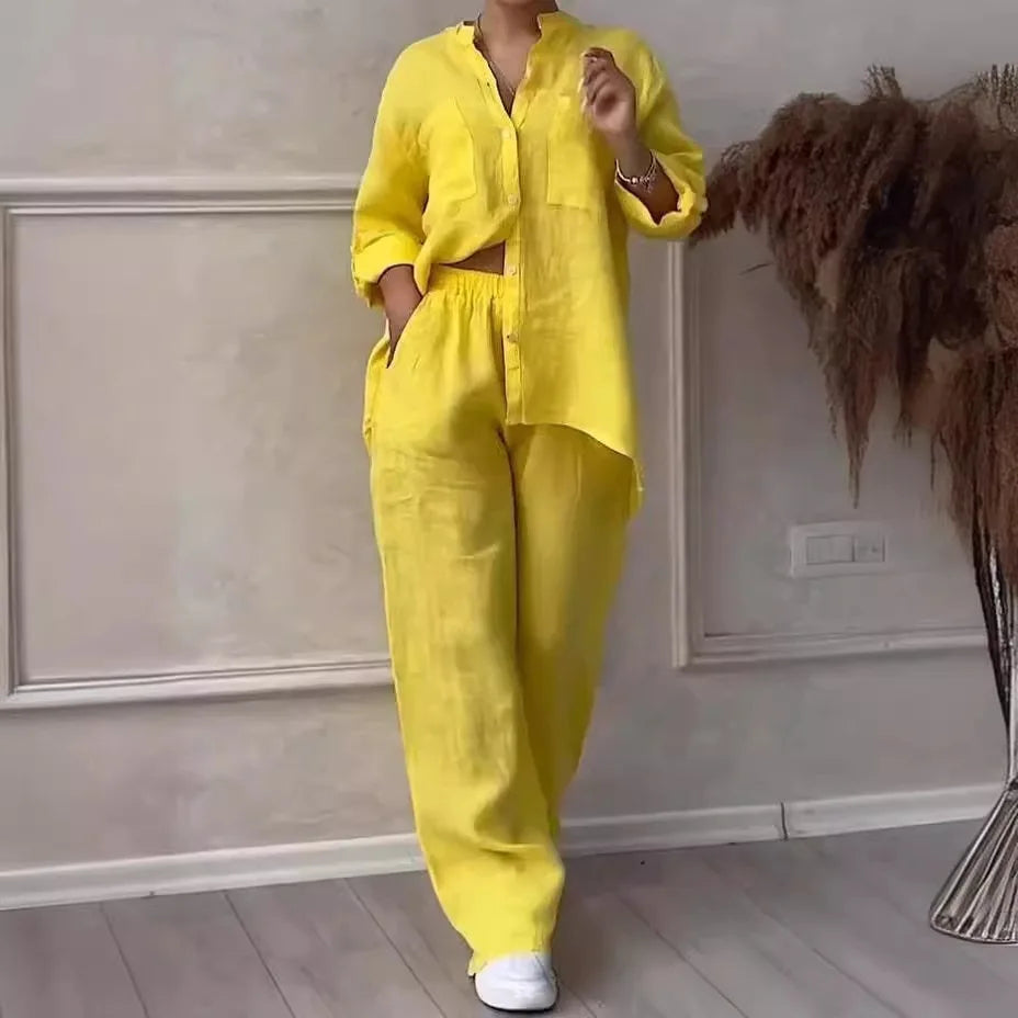 Spring Autumn Cotton Linen Long Sleeved shirt + Long Pants Two-piece Set Women Casual V-neck Shirt Drawstring Wide leg Pant Suit