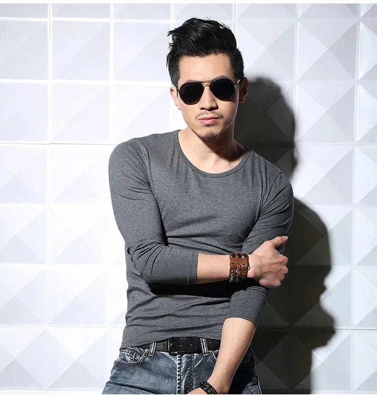 Men's Long Sleeve V Neck T Shirt 2026 MRMT Men T-shirt Slim Solid Tight Man T Shirt Tops Tees Clothing