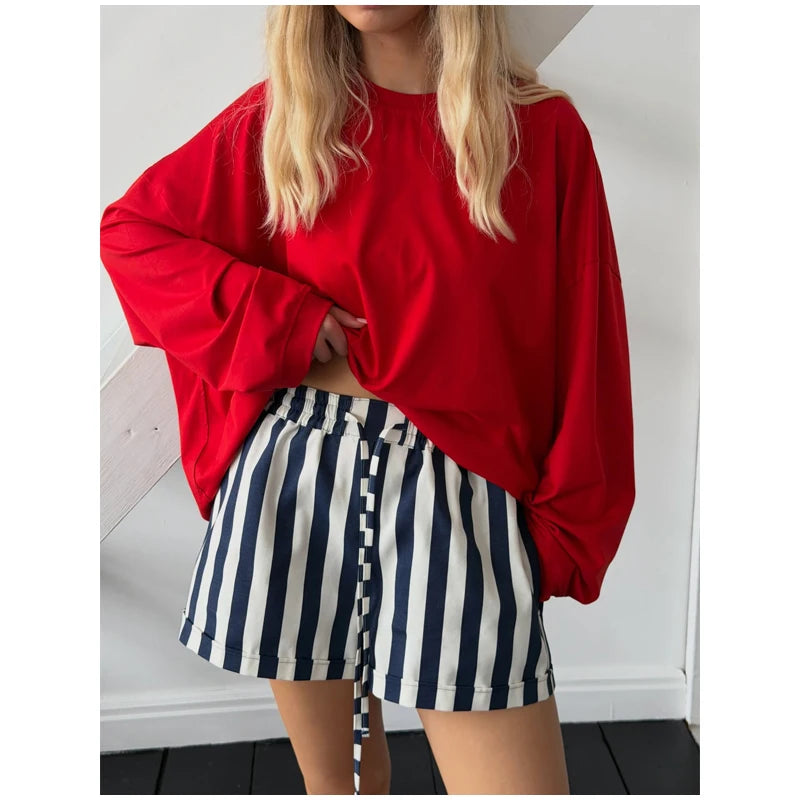 Red White Striped Balloon Pants Women's Elastic Waist Wide Leg Baggy Casual Trouser 2026 Summer New Streetwear Loose Fit Pants