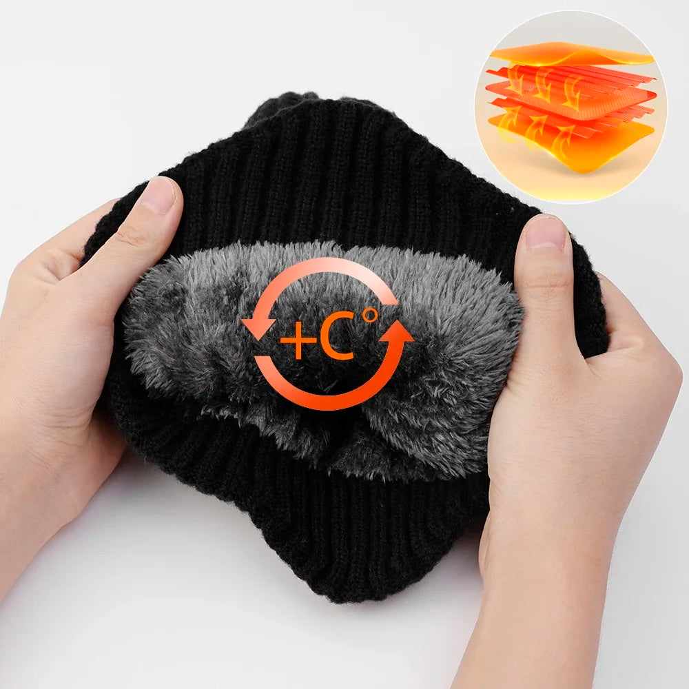 2pcs Winter Cycling Fleece Hats Knitted Plush Warm Outdoor Sports Cap Scarf for Women Men Hat Windproof Ski Ear Protection Gift