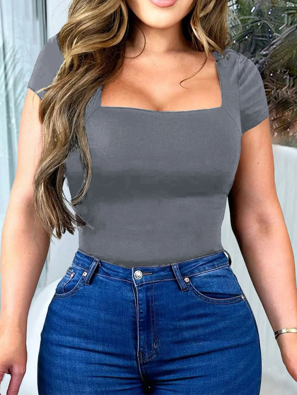 New Arrival Hot Seller 2024 Spring/Summer T-Shirt Women's Casual Square Neck Solid Color Slim-Fit Crop Top Short Sleeve