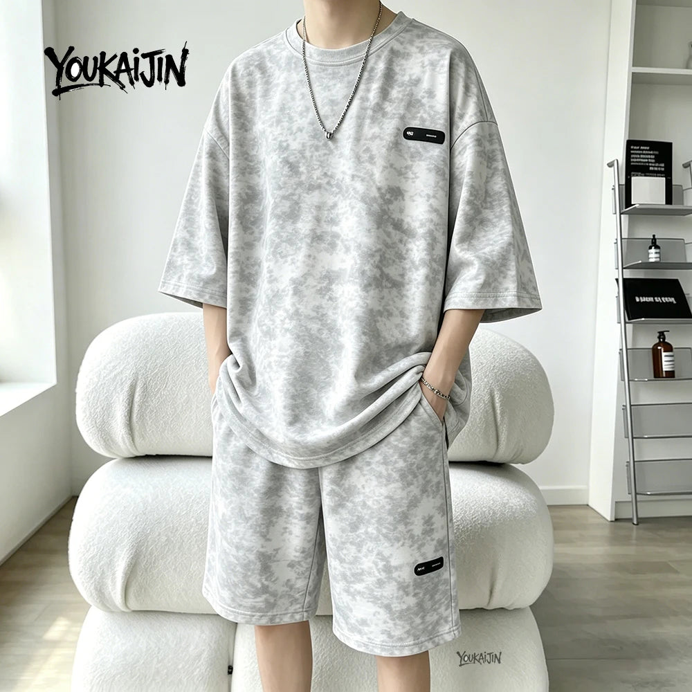 7XL 8XL Tie Dye T Shirt and Shorts Set Men White Casual Streetwear Co Ord Set Men Summer Loose Sportswear 2 Piece Outfit Men