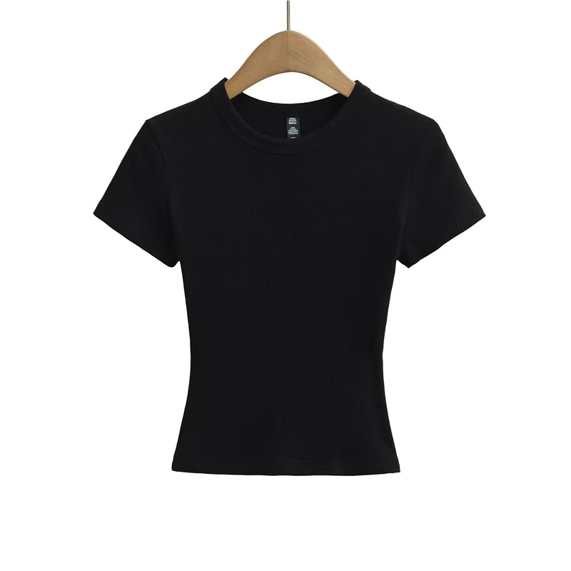 LUNDUNSHIJIA 2025 Summer Sexy Women Basic Small O-neck Short Sleeve T-shirt Ladies Slim Elasticity Cotton Short Style Tee Tops