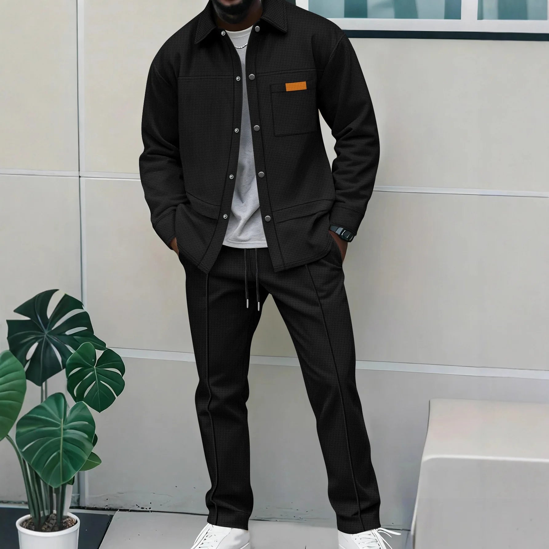 Spring and autumn men's high-quality waffle pure color placket pocket jacket set - a stylish and casual two-piece outfit