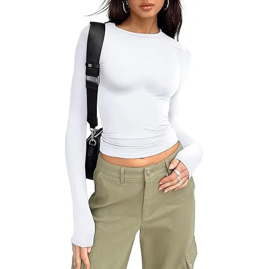 1pcs Four Seasons Fashion Senior Women T-shirt Long Sleeve Crew Neck Solid Slim Fit Tee Ladies Crop Top  Daily Streetwear Camis