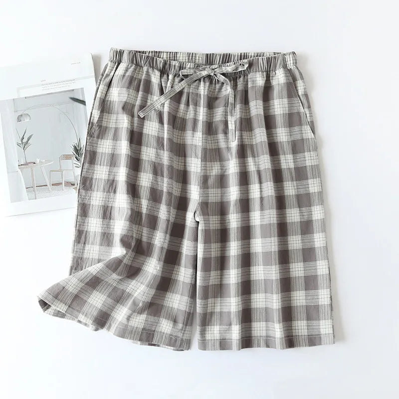 New 2026 Men's Sleepwear Pajama Shorts Plaid Design 100% Cotton Casual Loose Double-layer Homewear Sleep Bottoms Male Home Pants