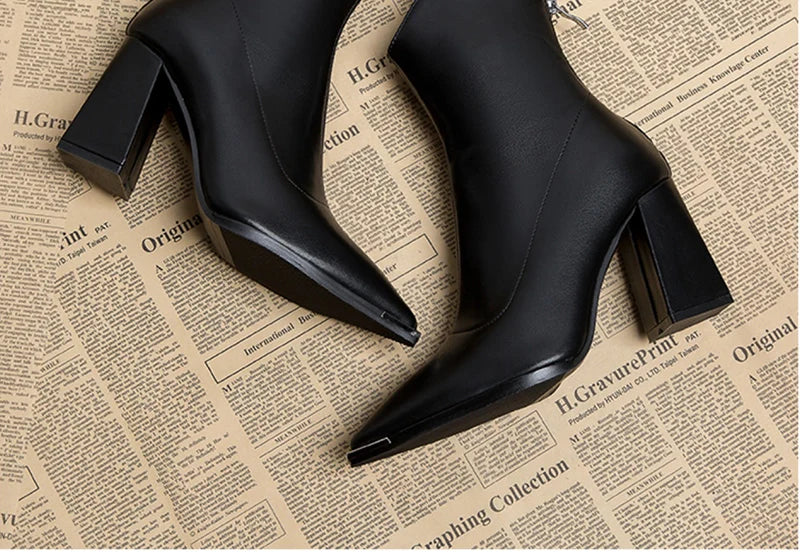 Pointed Toe Women's Ankle Boots Fashion Back Zippers Short Botas Ladies Elegant Square High Heel Winter Women's Footwear