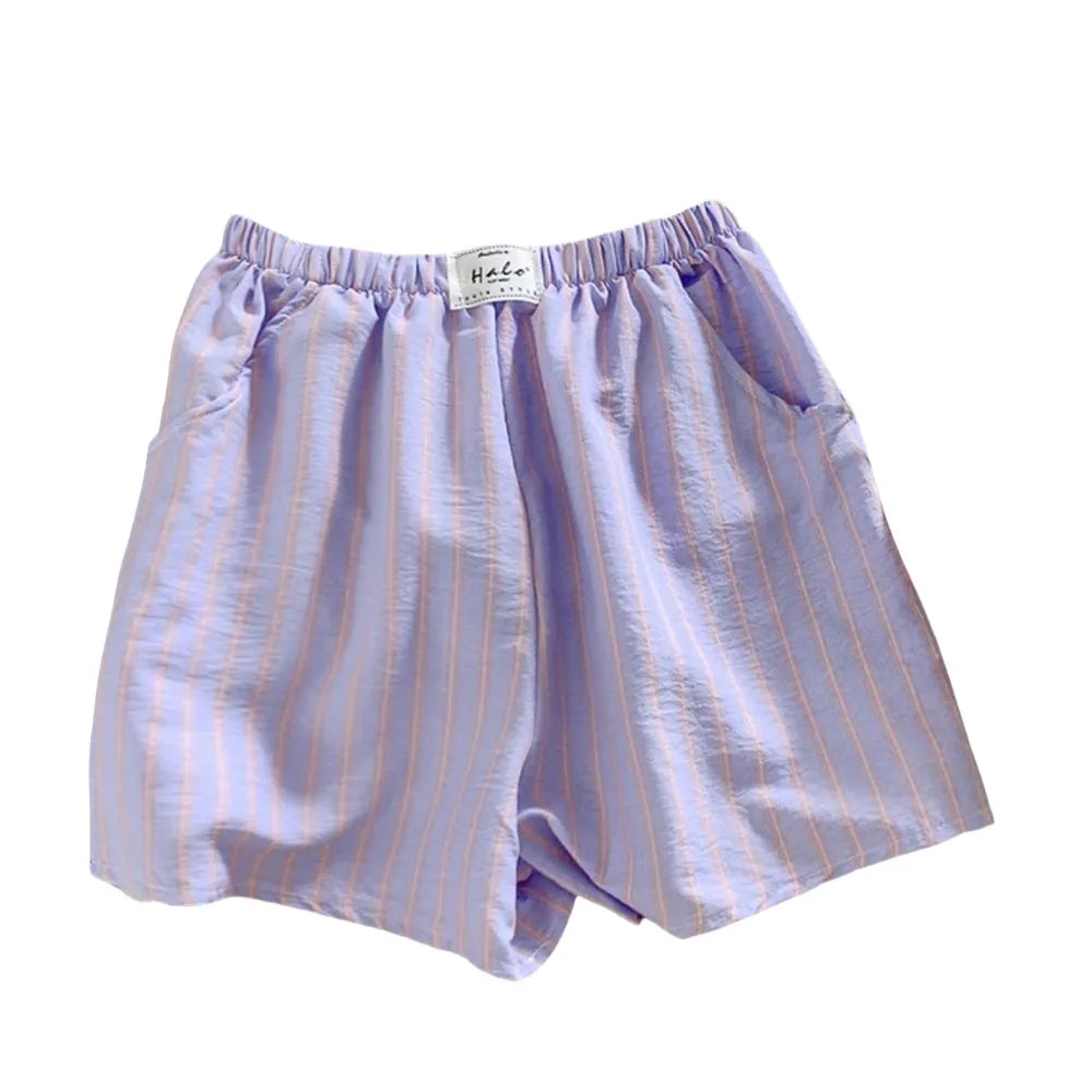 Comfortable Spring Summer Casual Shorts Women Chic High Waist Stripe Short Pants Baggy Elastic Waistband Thin Loose Shorts Women