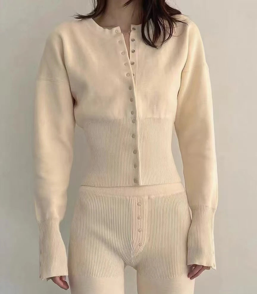 Women's Knitted Fitted Cardigan Elegant Long Sleeve Tops Sweater Knitwears Top Female Clothing 2025 Fall Black Brown White Blue