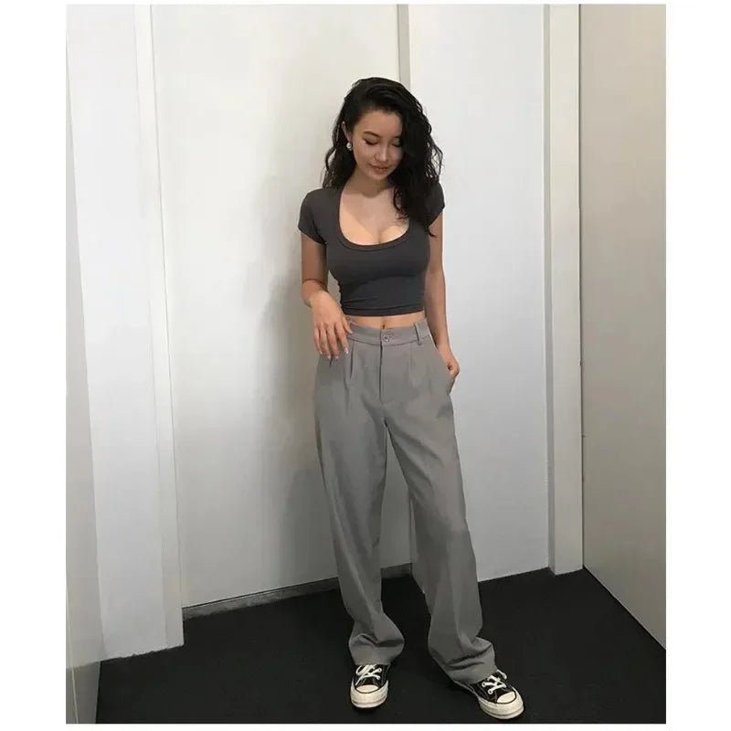 Harajuku Crop Tops Summer Slim Sports Vest Sexy Women Short Sleeve U-Neck Tee Tank Tops Female Solid Black/White Y2k Clothes