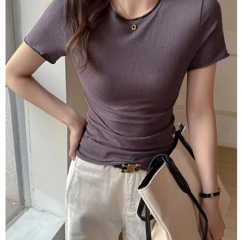 Solid Color Slim Fit Short Sleeve T Shirt for Women Summer New Cotton Blended Basic Tees Woman Thin Breathable Crew Neck T-shirt